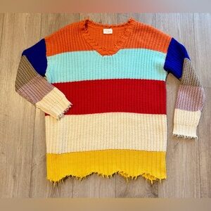 143 Story by Line up Colorful Striped frayed hem Women's Sweater